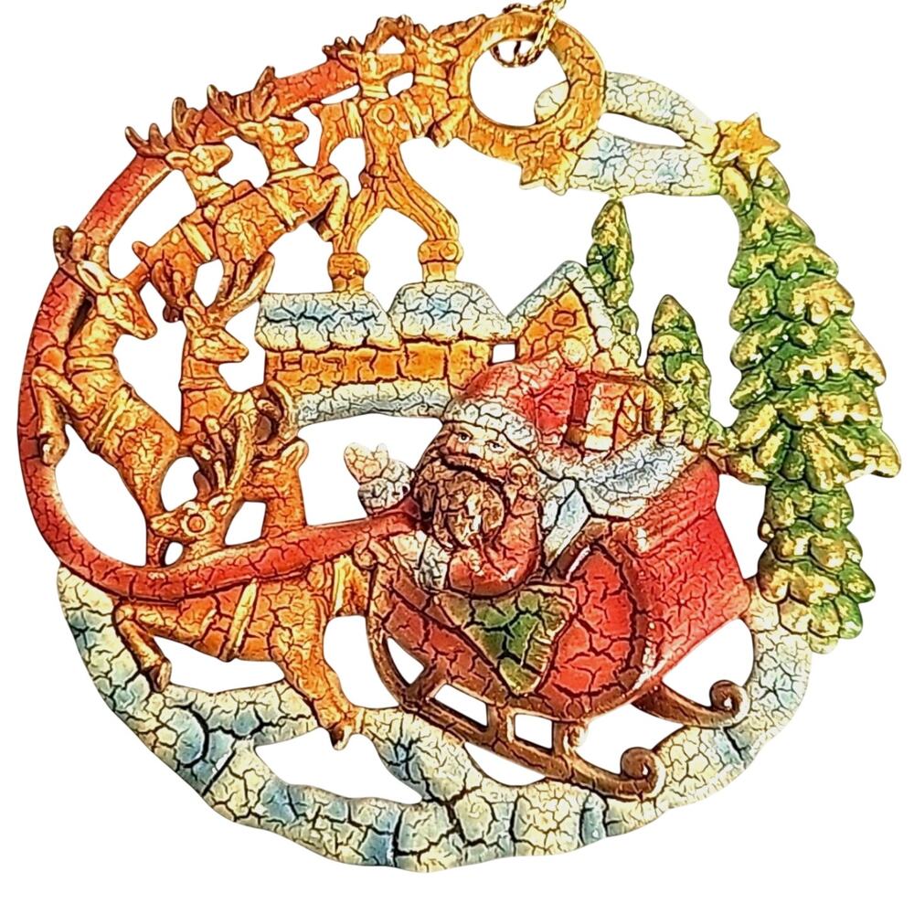 Santa and Eight Reindeer Resin Two Sided Christmas Ornament w/Gold Hanger 4.5" D